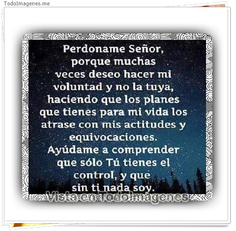 imagen de Perdoname Señor, porque muchas veces deseo hacer mi voluntad y no la tuya, haciendo que los planes que tienes para mi vida los atrase con mis actitudes y equivocaciones. Ayúdame a comprender que sólo Tú tienes el control, y que sin ti nada soy.