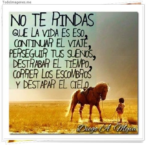 imagen de NO TE RINDAS QUE LA VIDA ES ESO,CONTINUAR EL VIAJE,PERSEGUIR TUS SUEÑOS,DESTRABAR EL TIEMPO,CORRER LOS ESCOMBROS Y DESTAPAR EL CIELO